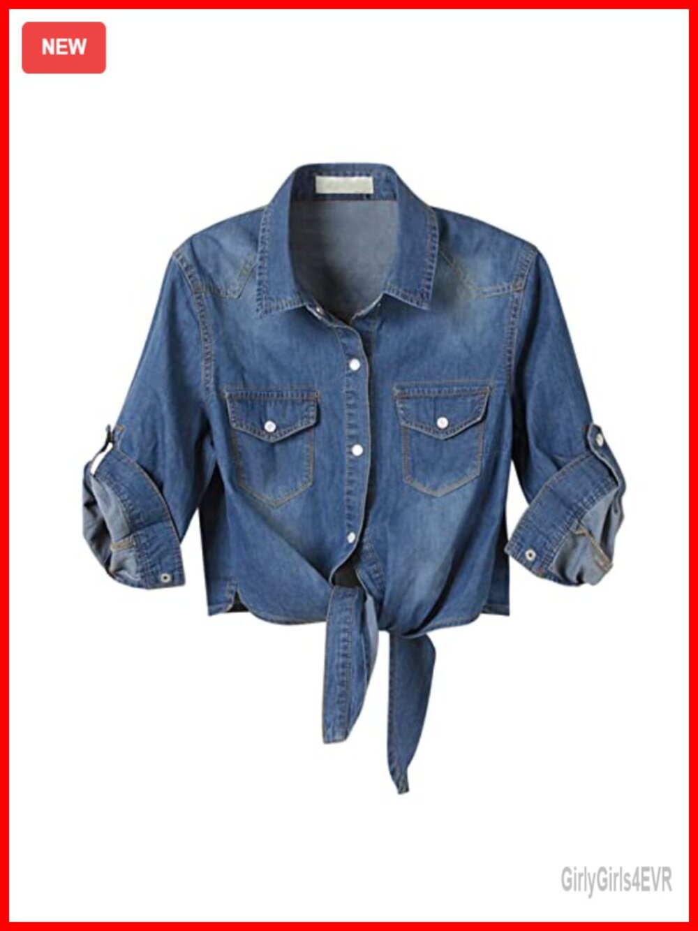 Women's Denim Button Down Shirt 3/4 Sleeve Tie Front Crop Top Chambray
